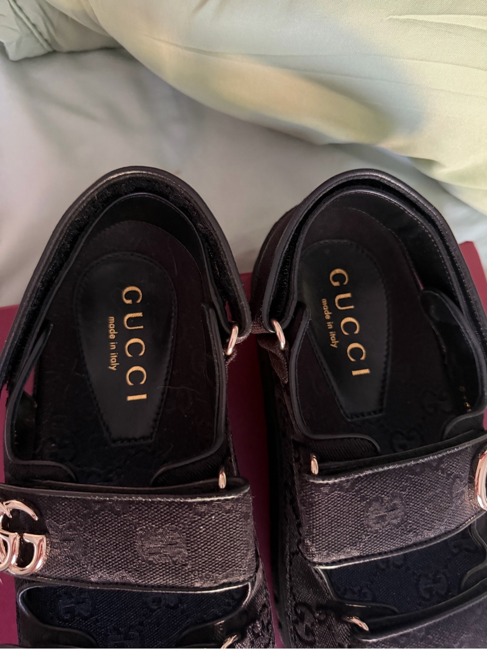 Gucci Black GG Canvas Platform Sandals with Gold Double G - Picture 6 of 9